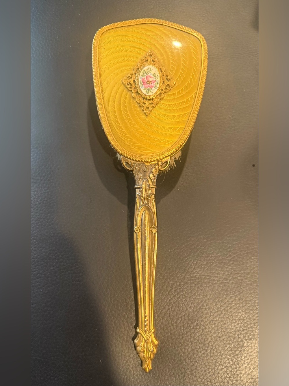 Vintage Gold Tone Guilloche Enamel Floral Vanity Hair Brush Art Deco Dresser